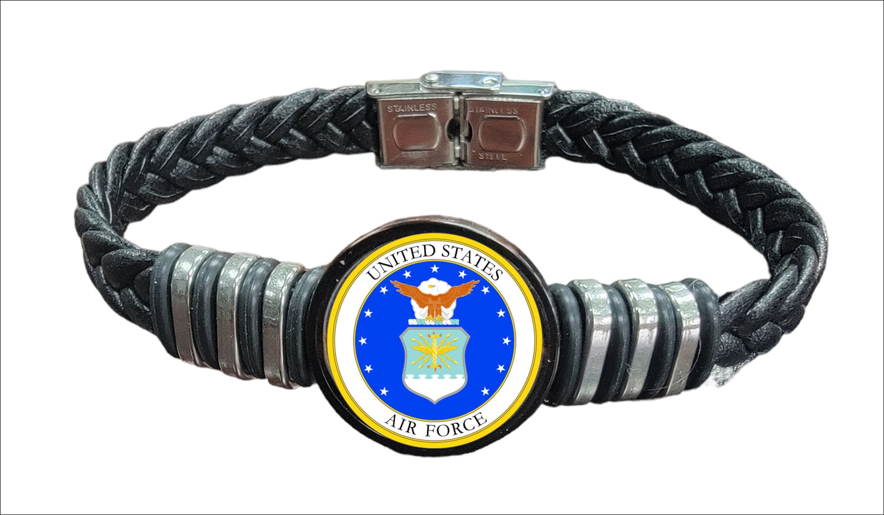 Officially Licensed USAF Braided Leather Bracelet, Patriotic Design, D