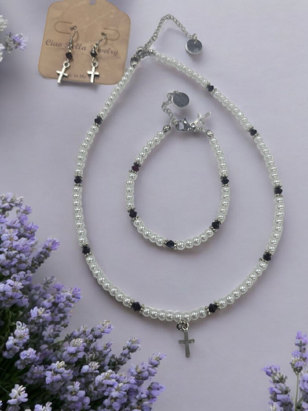 Austrian Crystal Birthstone and Pearl Set with cross Necklace/Bracelet/Earring-First Communion/Confirmation