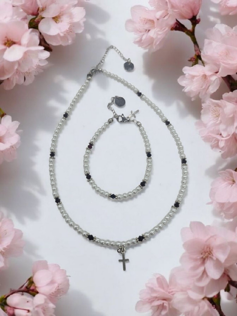 Austrian Crystal Birthstone and Pearl Set with cross Necklace/Bracelet/Earring-First Communion/Confirmation
