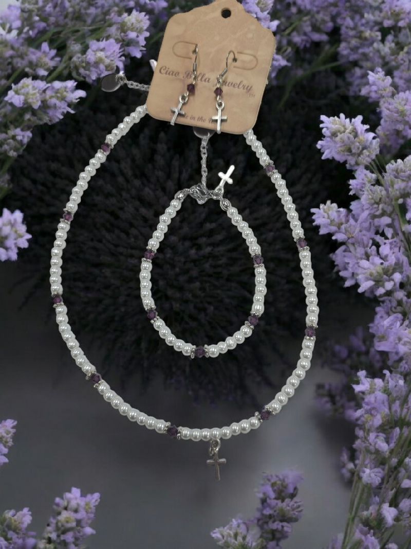 Austrian Crystal Birthstone and Pearl Set with cross Necklace/Bracelet/Earring-First Communion/Confirmation