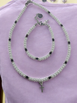 Austrian Crystal Birthstone and Pearl Set with cross Necklace/Bracelet/Earring-First Communion/Confirmation