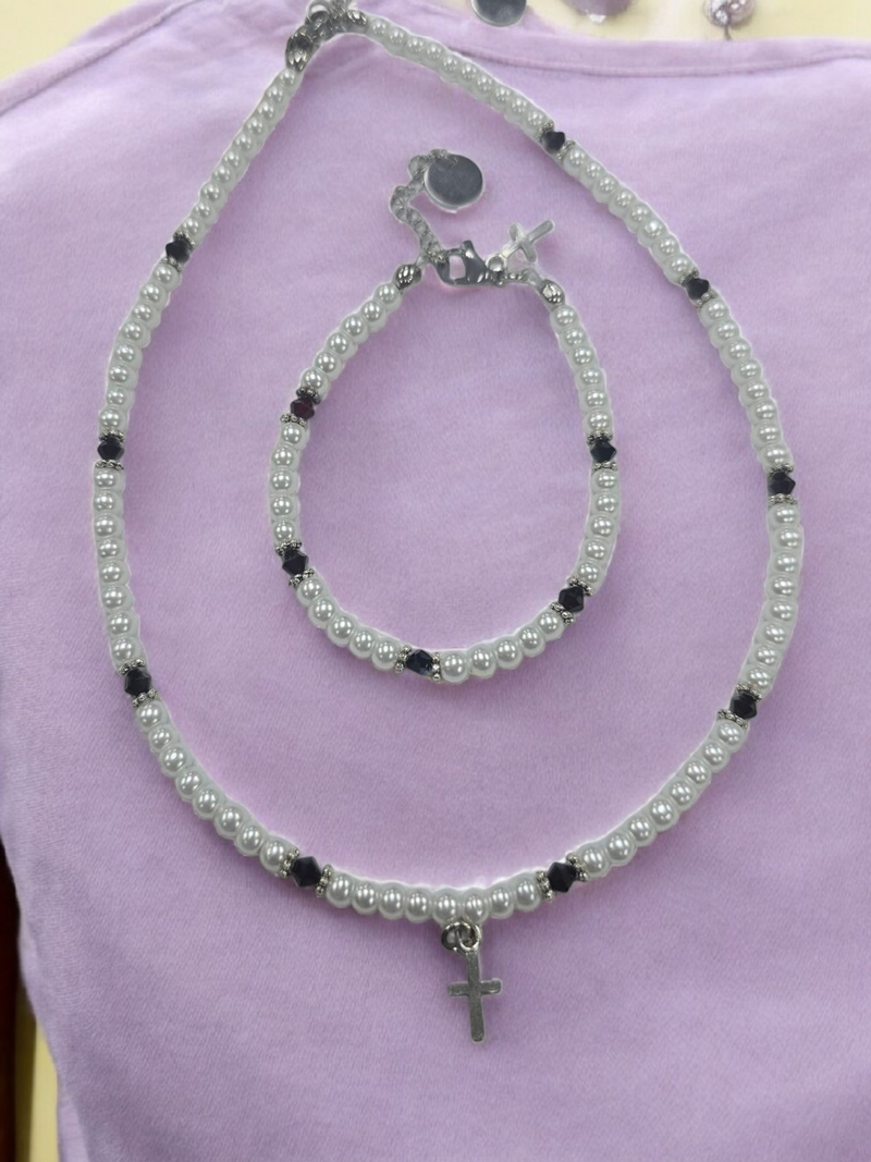 Austrian Crystal Birthstone and Pearl Set with cross Necklace/Bracelet/Earring-First Communion/Confirmation