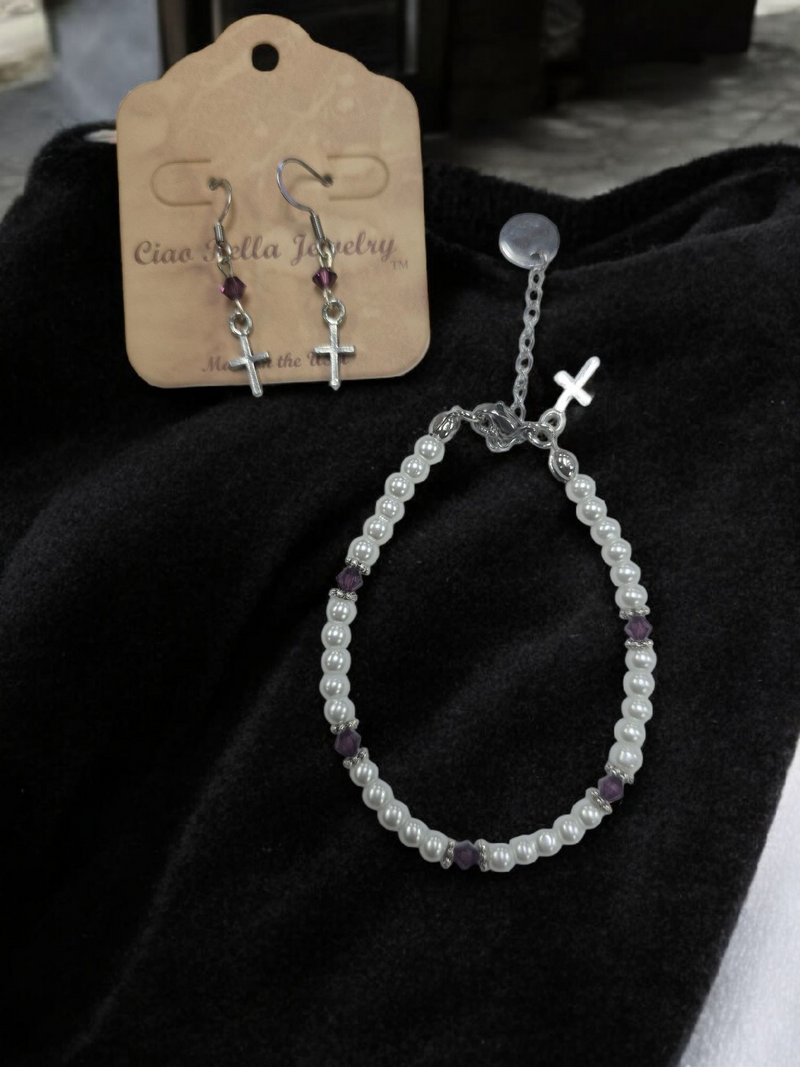 Austrian Crystal Birthstone and Pearl Set with cross Necklace/Bracelet/Earring-First Communion/Confirmation