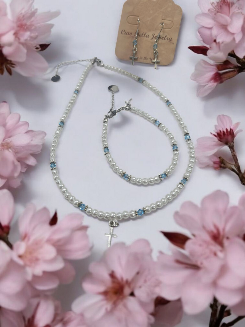 Austrian Crystal Birthstone and Pearl Set with cross Necklace/Bracelet/Earring-First Communion/Confirmation