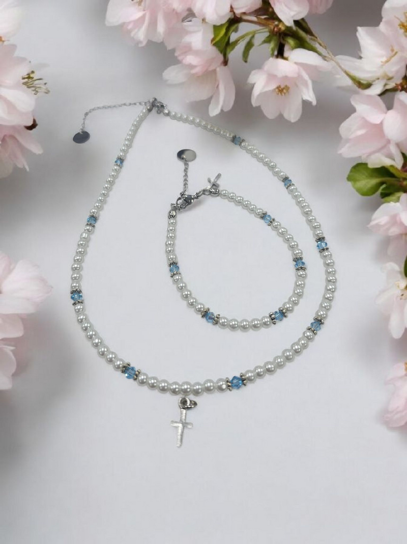 Austrian Crystal Birthstone and Pearl Set with cross Necklace/Bracelet/Earring-First Communion/Confirmation
