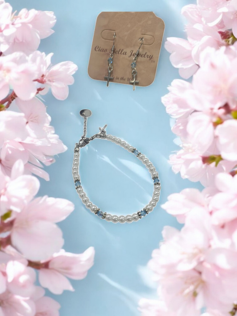 Austrian Crystal Birthstone and Pearl Set with cross Necklace/Bracelet/Earring-First Communion/Confirmation