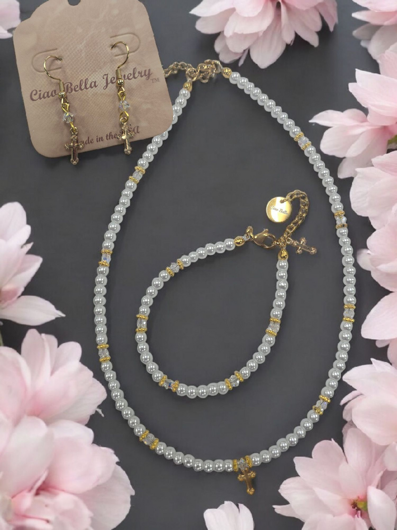 Austrian Crystal Birthstone and Pearl Set with cross Necklace/Bracelet/Earring-First Communion/Confirmation