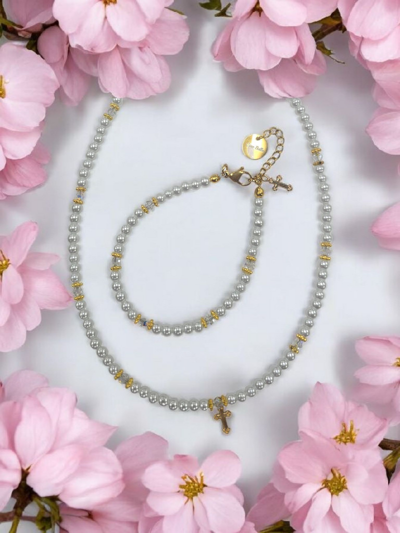 Austrian Crystal Birthstone and Pearl Set with cross Necklace/Bracelet/Earring-First Communion/Confirmation