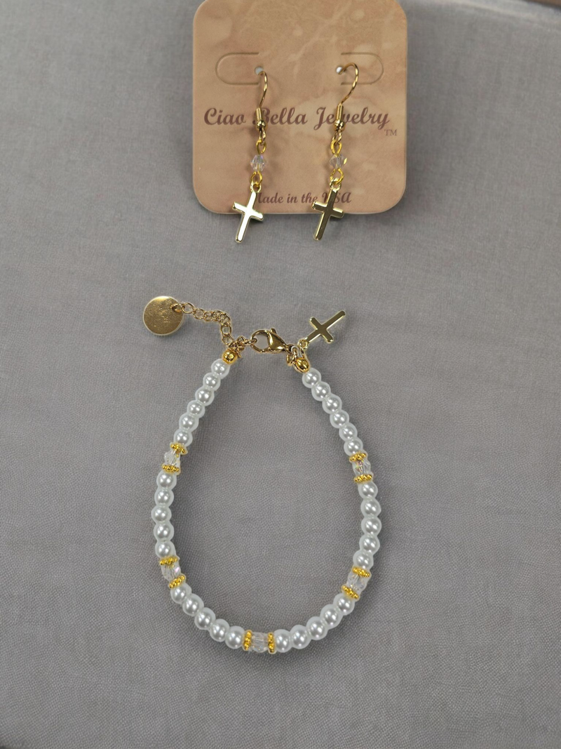 Austrian Crystal Birthstone and Pearl Set with cross Necklace/Bracelet/Earring-First Communion/Confirmation