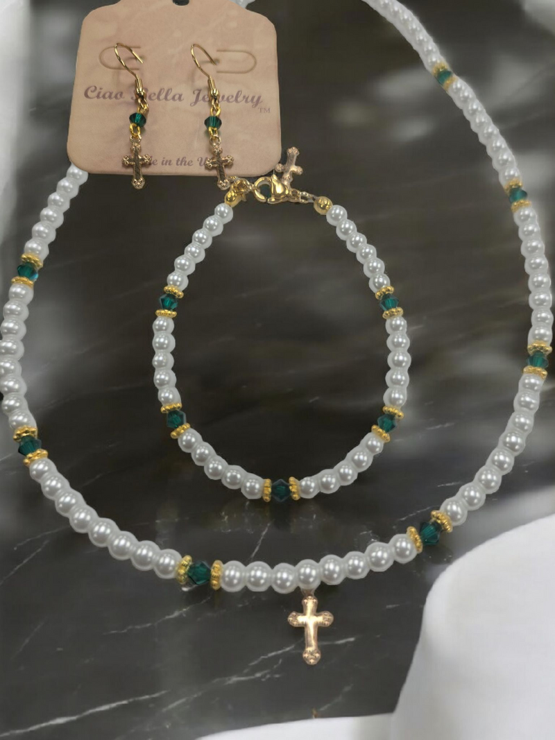 Austrian Crystal Birthstone and Pearl Set with cross Necklace/Bracelet/Earring-First Communion/Confirmation