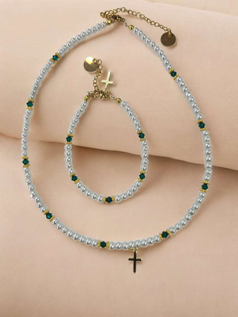 Austrian Crystal Birthstone and Pearl Set with cross Necklace/Bracelet/Earring-First Communion/Confirmation