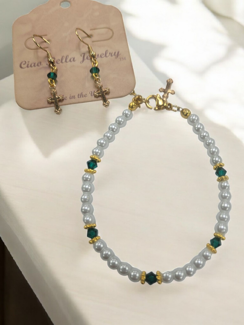 Austrian Crystal Birthstone and Pearl Set with cross Necklace/Bracelet/Earring-First Communion/Confirmation