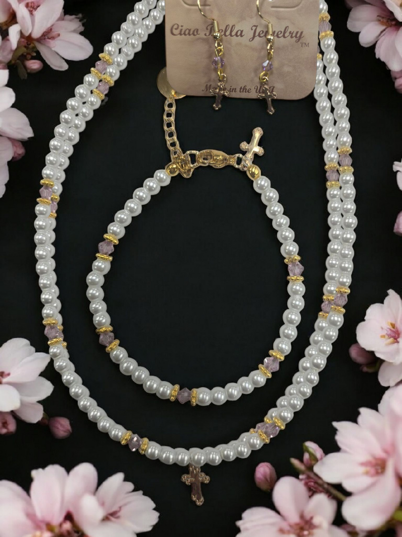 Austrian Crystal Birthstone and Pearl Set with cross Necklace/Bracelet/Earring-First Communion/Confirmation