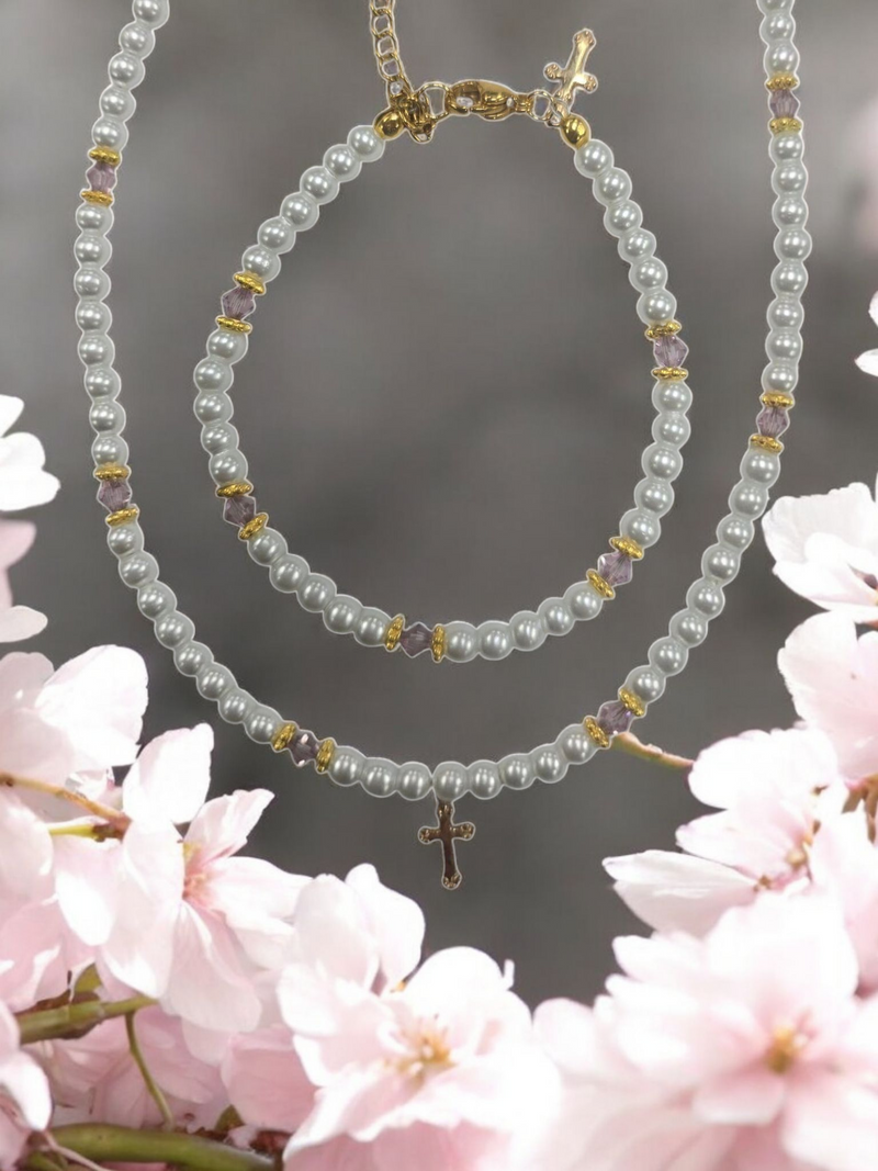 Austrian Crystal Birthstone and Pearl Set with cross Necklace/Bracelet/Earring-First Communion/Confirmation