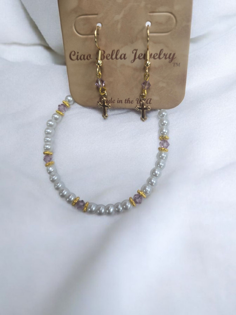 Austrian Crystal Birthstone and Pearl Set with cross Necklace/Bracelet/Earring-First Communion/Confirmation