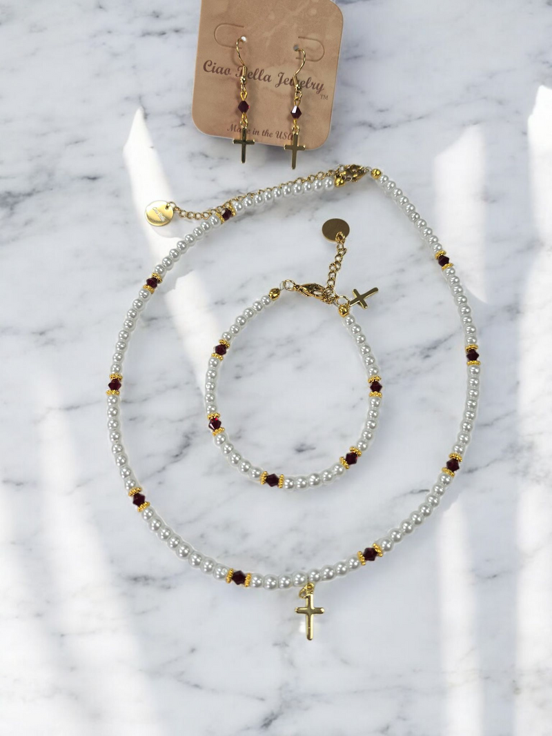 Austrian Crystal Birthstone and Pearl Set with cross Necklace/Bracelet/Earring-First Communion/Confirmation