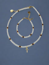 Austrian Crystal Birthstone and Pearl Set with cross Necklace/Bracelet/Earring-First Communion/Confirmation