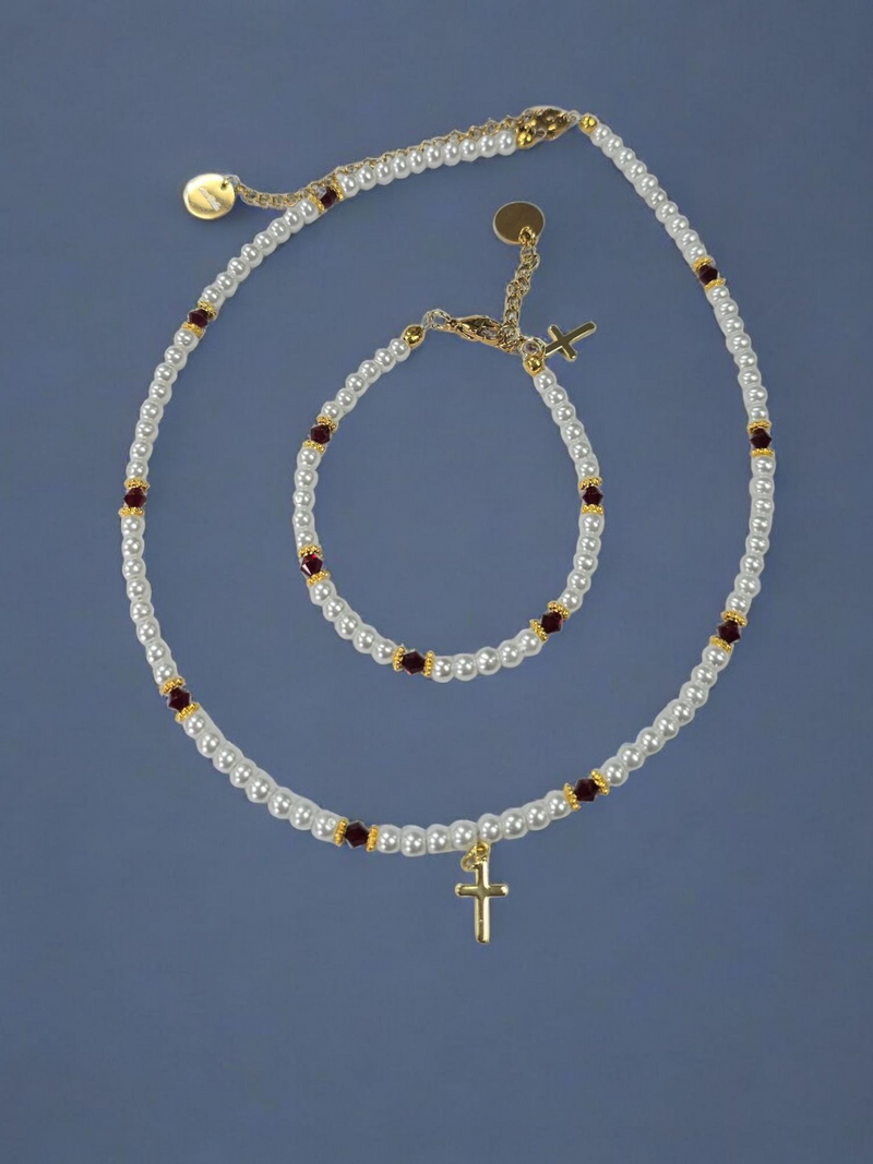 Austrian Crystal Birthstone and Pearl Set with cross Necklace/Bracelet/Earring-First Communion/Confirmation