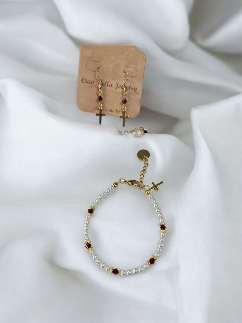 Austrian Crystal Birthstone and Pearl Set with cross Necklace/Bracelet/Earring-First Communion/Confirmation