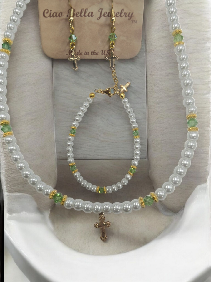 Austrian Crystal Birthstone and Pearl Set with cross Necklace/Bracelet/Earring-First Communion/Confirmation