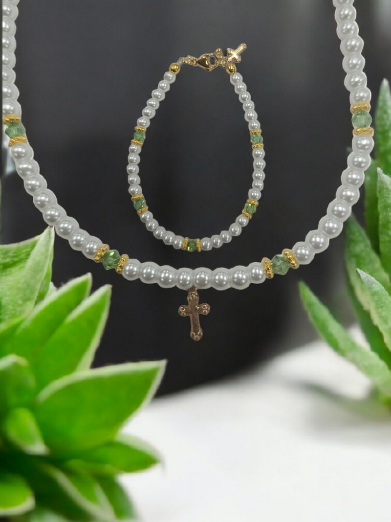 Austrian Crystal Birthstone and Pearl Set with cross Necklace/Bracelet/Earring-First Communion/Confirmation