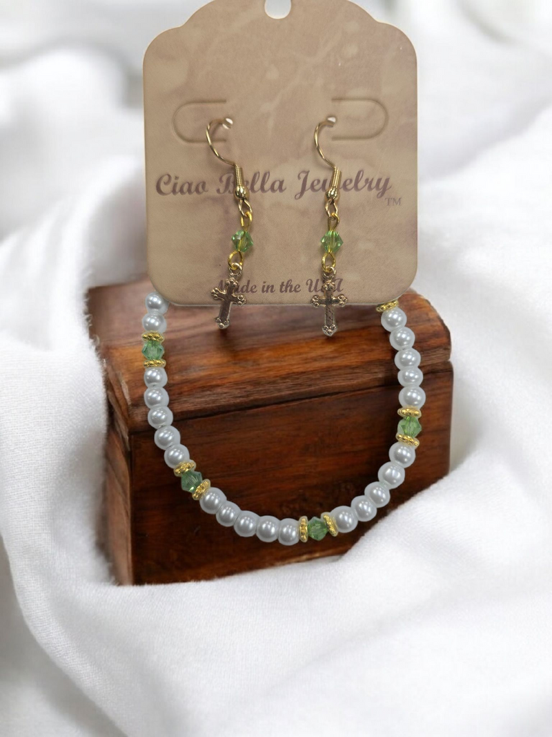 Austrian Crystal Birthstone and Pearl Set with cross Necklace/Bracelet/Earring-First Communion/Confirmation