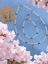 Austrian Crystal Birthstone and Pearl Set with cross Necklace/Bracelet/Earring-First Communion/Confirmation