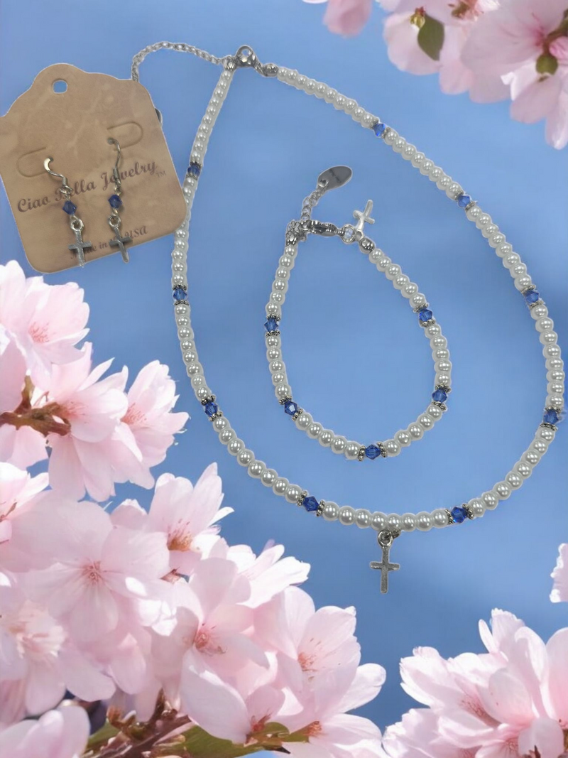 Austrian Crystal Birthstone and Pearl Set with cross Necklace/Bracelet/Earring-First Communion/Confirmation