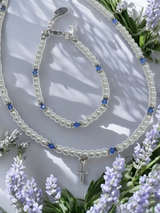 Austrian Crystal Birthstone and Pearl Set with cross Necklace/Bracelet/Earring-First Communion/Confirmation