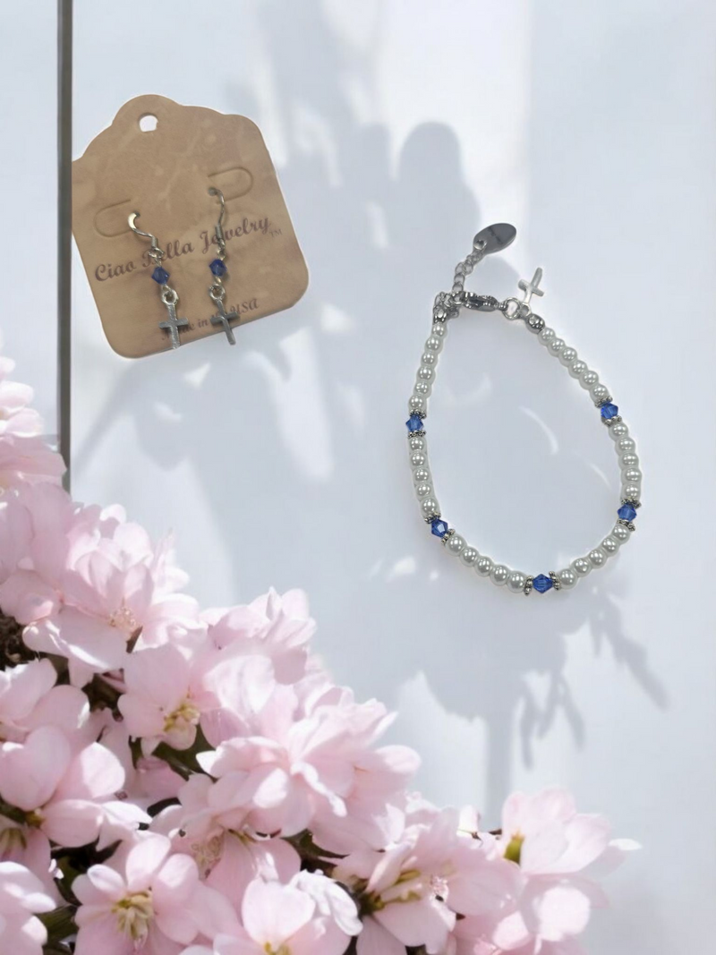 Austrian Crystal Birthstone and Pearl Set with cross Necklace/Bracelet/Earring-First Communion/Confirmation