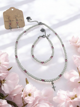 Austrian Crystal Birthstone and Pearl Set with cross Necklace/Bracelet/Earring-First Communion/Confirmation