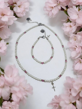 Austrian Crystal Birthstone and Pearl Set with cross Necklace/Bracelet/Earring-First Communion/Confirmation