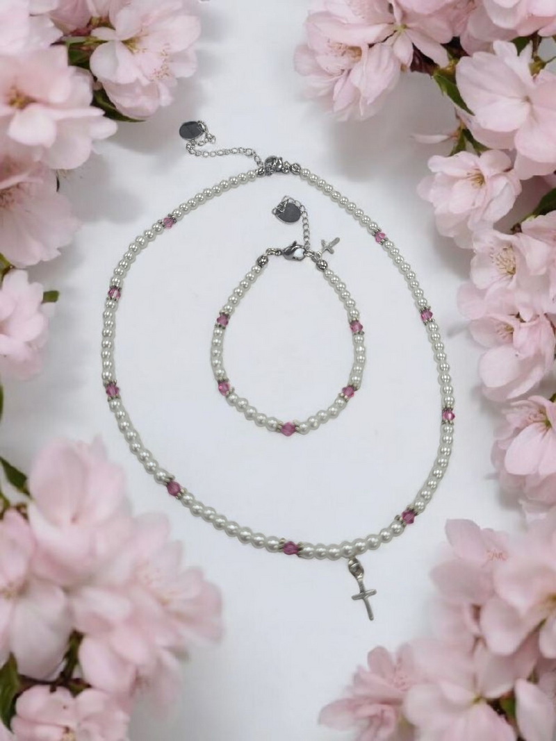 Austrian Crystal Birthstone and Pearl Set with cross Necklace/Bracelet/Earring-First Communion/Confirmation