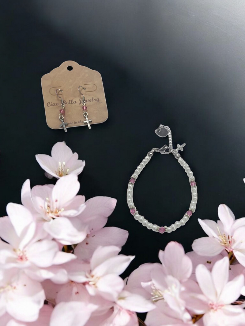 Austrian Crystal Birthstone and Pearl Set with cross Necklace/Bracelet/Earring-First Communion/Confirmation