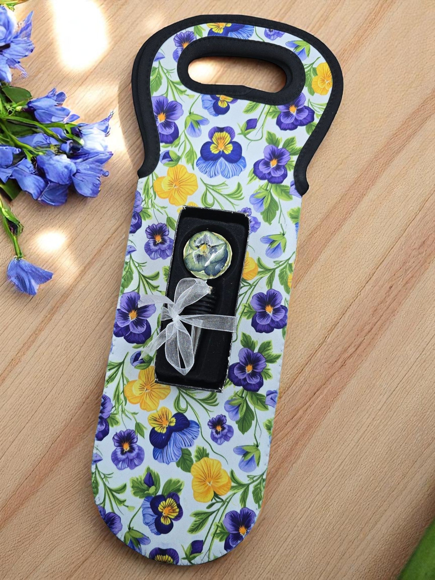 Blue & Yellow Floral Wine Bag | Stylish Flower Pattern Wine Tote