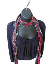 Boho Beaded Lightweight Scarf Necklace - Hot Pink and Black with Metal Beads