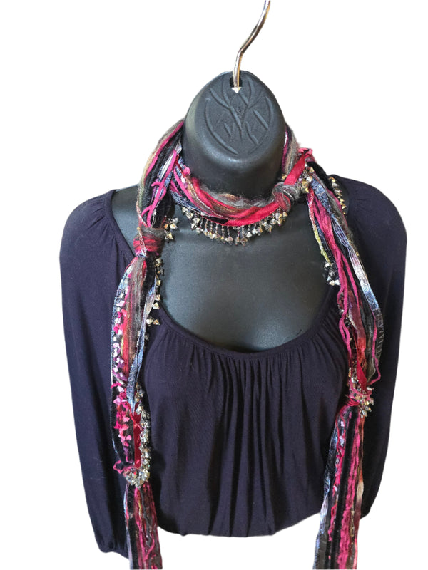 Boho Beaded Lightweight Scarf Necklace - Hot Pink and Black with Metal Beads