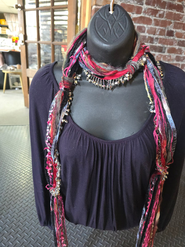Boho Beaded Lightweight Scarf Necklace - Hot Pink and Black with Metal Beads