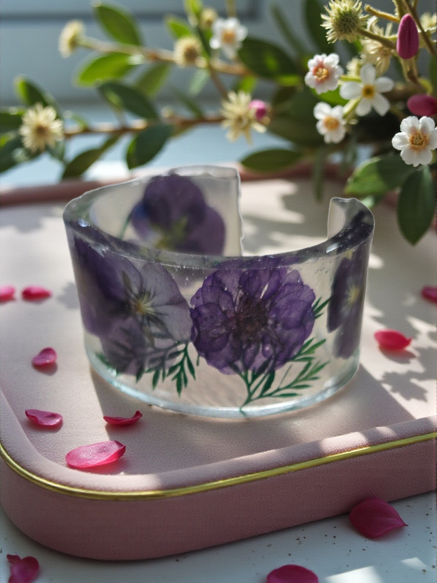 Colorful Handmade Pressed Flower Resin Cuff Bracelet | Unique Handmade Jewelry