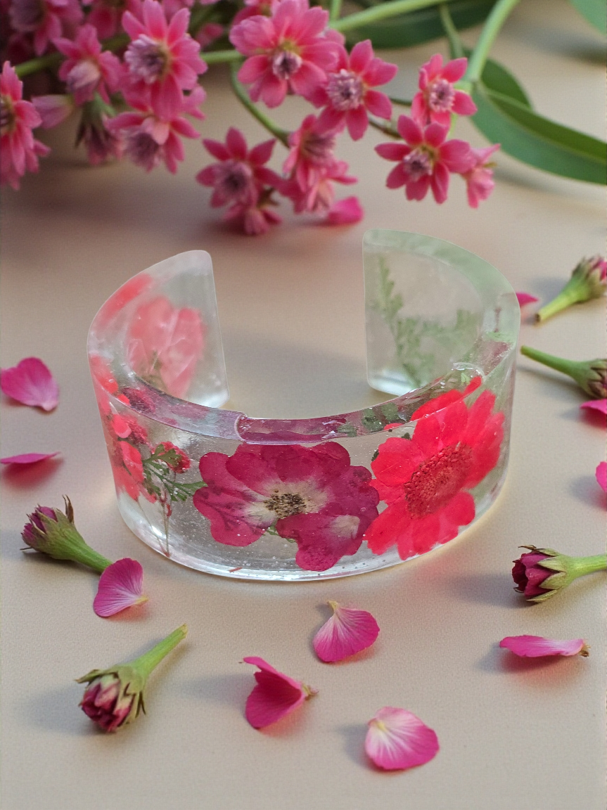Colorful Handmade Pressed Flower Resin Cuff Bracelet | Unique Handmade Jewelry