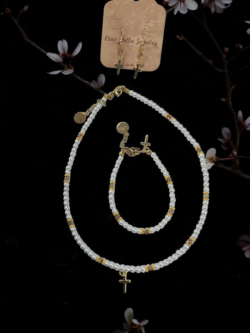 Austrian Crystal Birthstone and Pearl Set with cross Necklace/Bracelet/Earring-First Communion/Confirmation