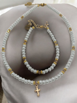 Austrian Crystal Birthstone and Pearl Set with cross Necklace/Bracelet/Earring-First Communion/Confirmation