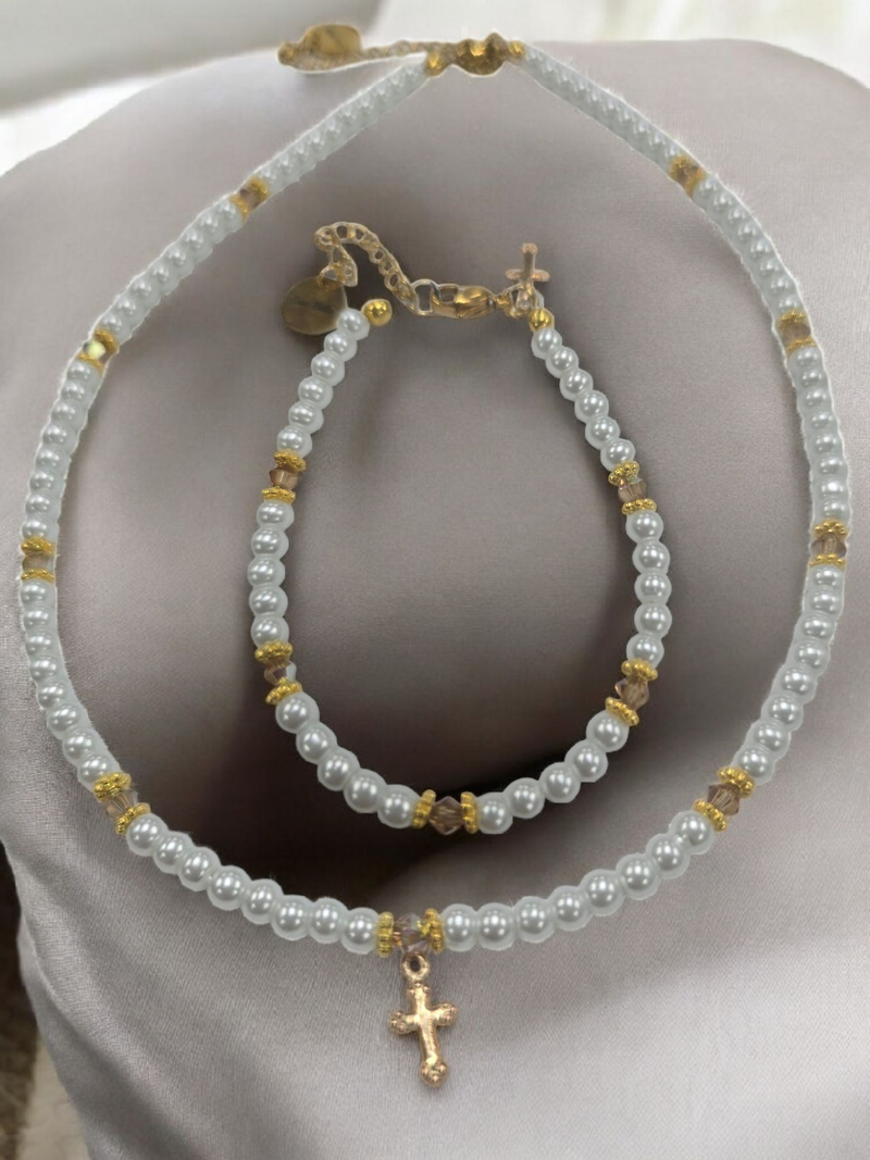 Austrian Crystal Birthstone and Pearl Set with cross Necklace/Bracelet/Earring-First Communion/Confirmation
