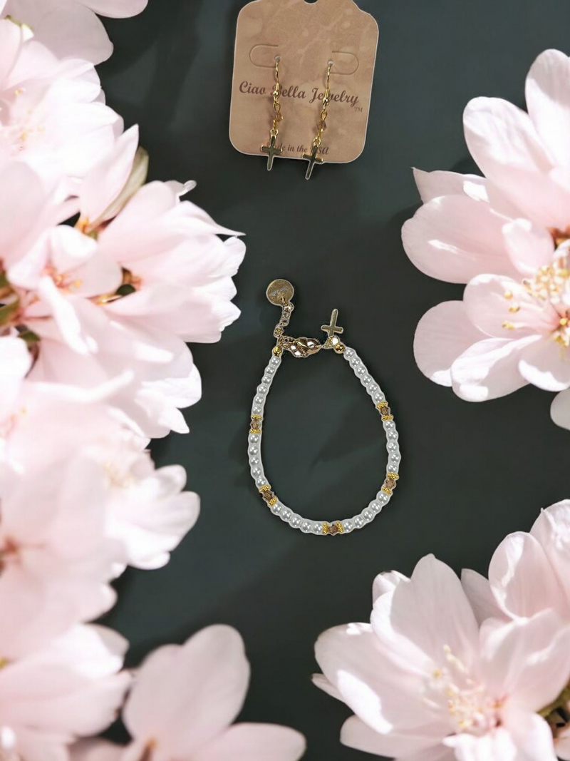 Austrian Crystal Birthstone and Pearl Set with cross Necklace/Bracelet/Earring-First Communion/Confirmation