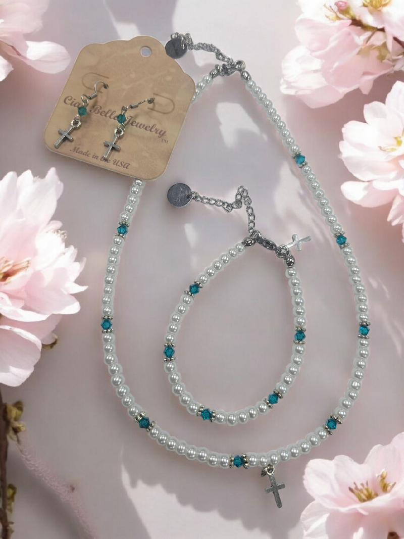 Austrian Crystal Birthstone and Pearl Set with cross Necklace/Bracelet/Earring-First Communion/Confirmation