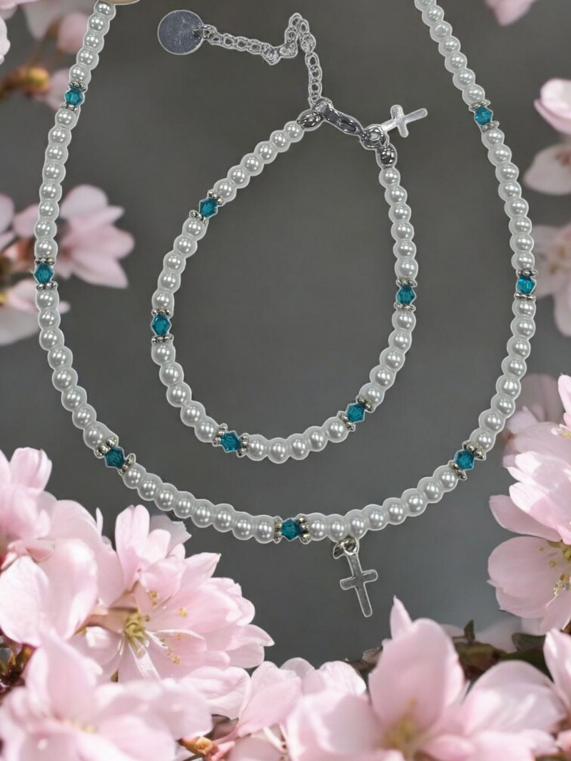 Austrian Crystal Birthstone and Pearl Set with cross Necklace/Bracelet/Earring-First Communion/Confirmation