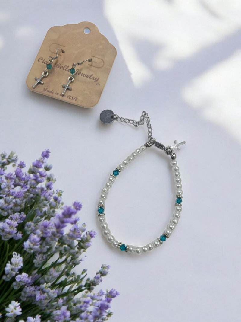 Austrian Crystal Birthstone and Pearl Set with cross Necklace/Bracelet/Earring-First Communion/Confirmation