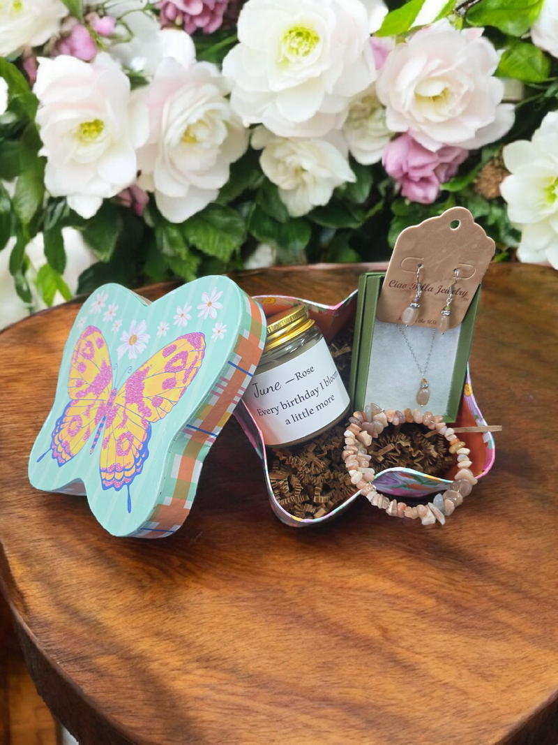 June Birthday Gift Box, Candle, Moonstone Jewelry, Rose Mug, Women's Gift