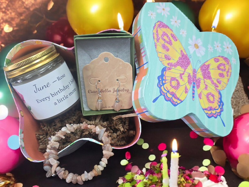 June Birthday Gift Box, Candle, Moonstone Jewelry, Rose Mug, Women's Gift