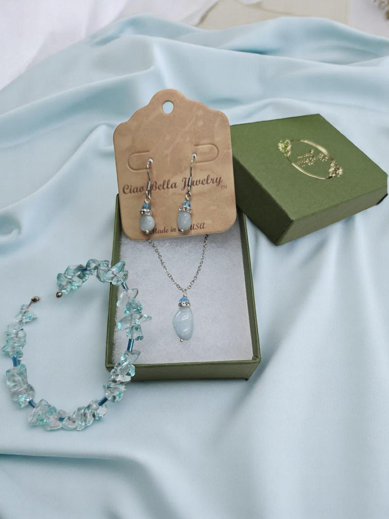 Aquamarine or Garnet Jewelry Set | Dangle Earrings, Necklace, Bangle | Gemstone Set